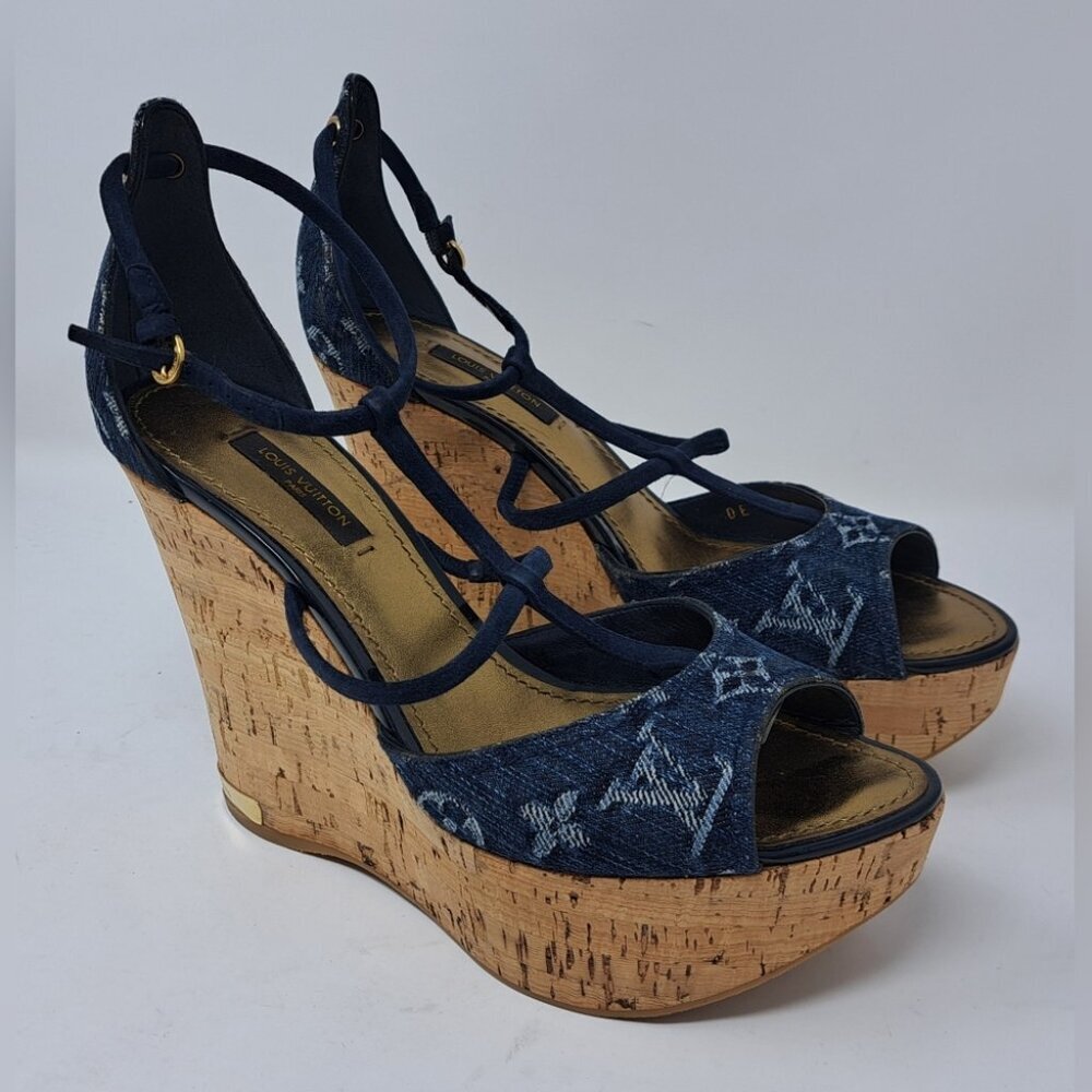 Louis Vuitton Monogram Denim Wedge Platform Ankle Wrap Pumps Shoes 7.5 / 37.5 EU - Picture 6 of 16